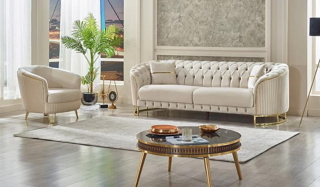 Moderne Chesterfield driezitsbank in wit textiel voor in de woonkamer