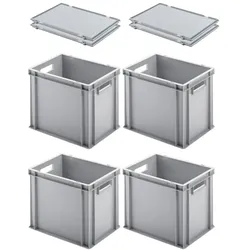PROREGAL 4x Eurobehälter mit offenem Griff und Scharnierdeckel | HxBxT 32x30x40cm | 29 Liter | Grau | Eurobox