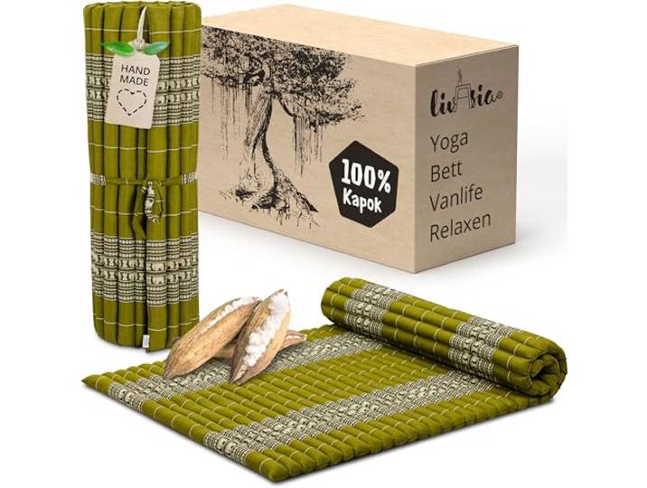 livasia Rollmatte Rollmatratze L breit bequem - 200x110x4,5cm - Gästebett Gästematratze 1 Person, Reisebett Kofferraum Outdoor, Thaimatte Kapok Garten Balkon handgefertigt (Grün/Elefanten)