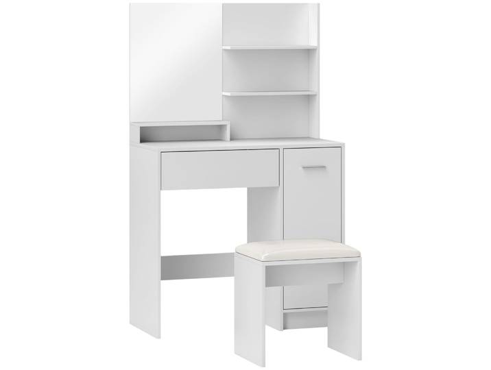 Ensemble coiffeuse miroir avec tabouret porte tiroir 4 étagères blanc