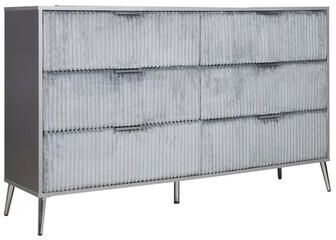 Benjara Moko 58 Inch Wide Dresser, 6 Soft Upholstered Drawers, Gray, Nickel
