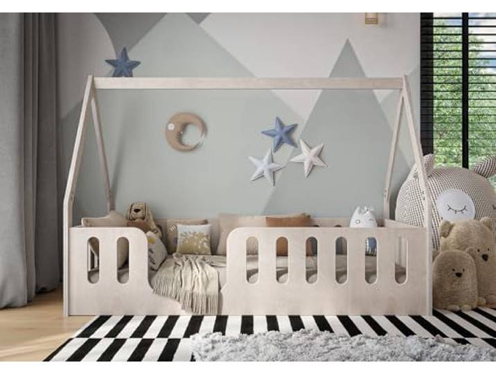 OSONO Nido Forma L Hausbett Kinder 90x200 cm aus Naturholz Montessori Bodenbett mit Lattenrost Modernes skandinavisches Kinderbett