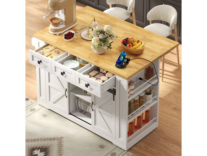 Île de cuisine mobile équipé de plan de travail pliable Chariot de cuisine avec portes coulissantes 130 × 50 (80) × 87 cm