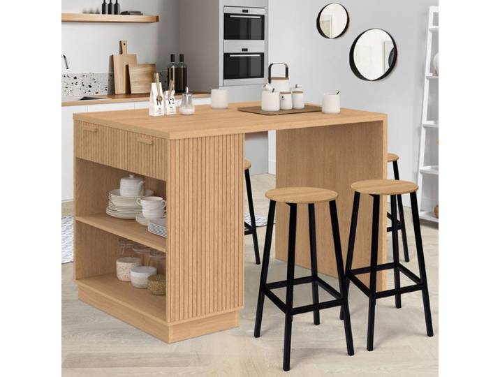IDMARKET Ilot central mange-debout 4 personnes JULIETTE 130 cm lattes tasseau bois coloris chêne