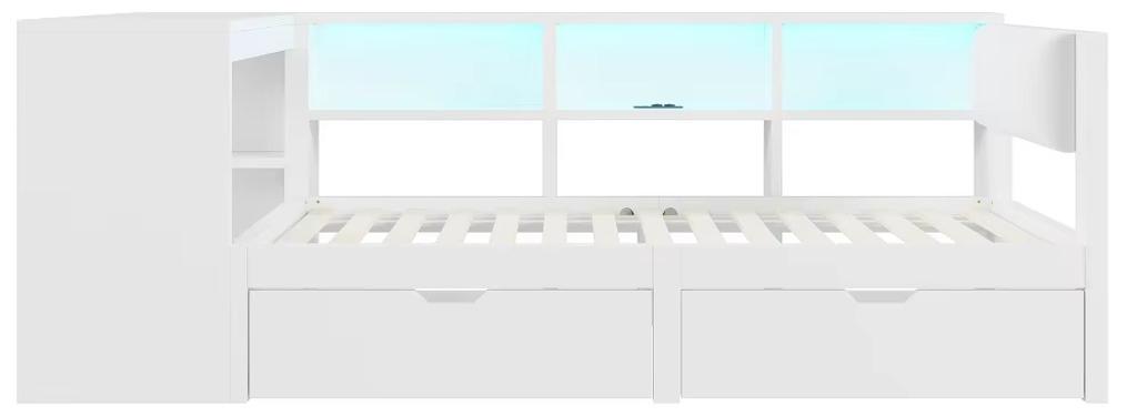 Holzplattformbett - Einzelbett 90x200 cm - Stauraum - Schubladen - Ladestation - Gepolstertes Kopfteil - Bunte LED-Beleuchtung - Weiß