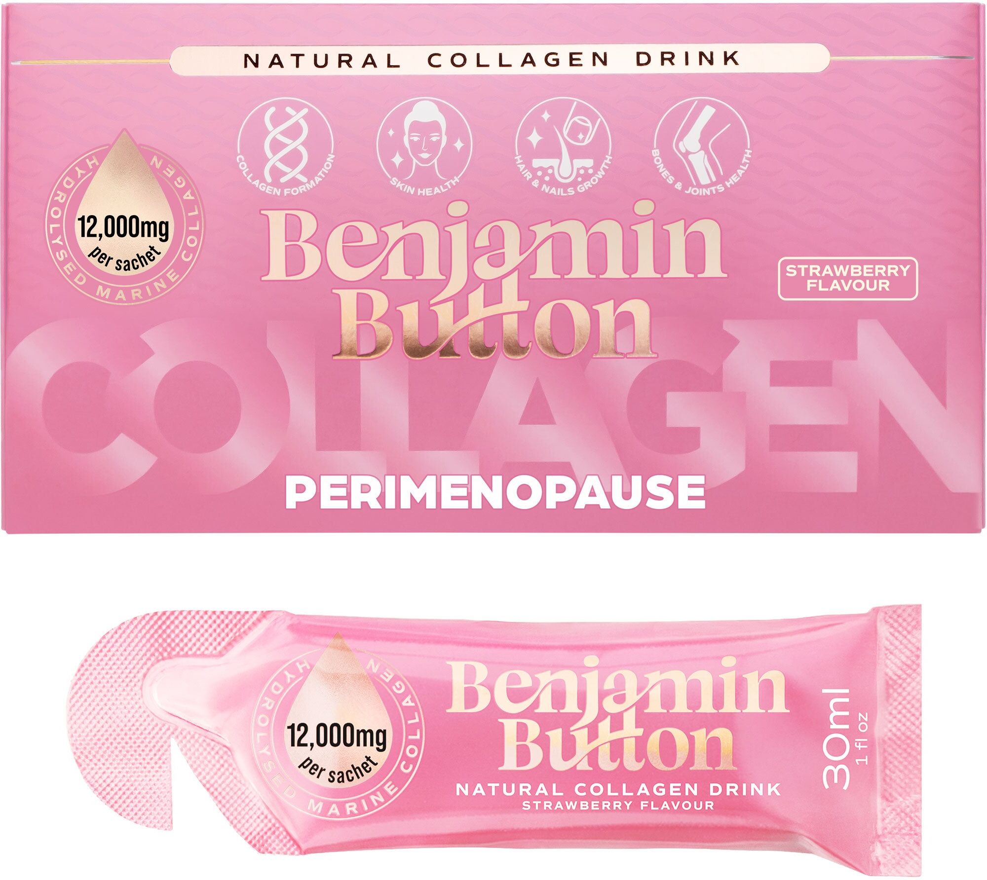 Benjamin Button 12,000mg Marine Collagen Drink - Strawberry Liquid Sachets - Perimenopause Support