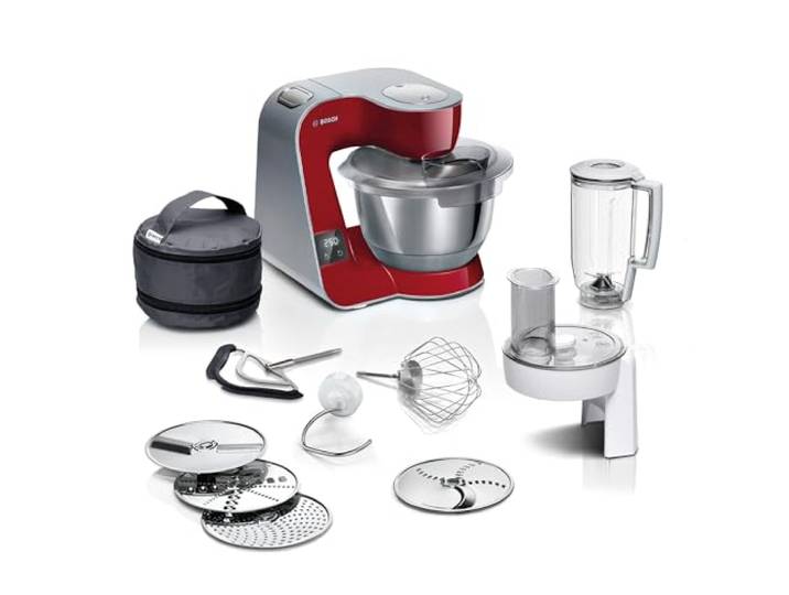 Bosch Küchenmaschine MUM5 MUM5X720, integrierte Waage,Edelstahl-Schüssel 3,9L, Mixer 1,25L, Profi-Knethaken, Planetarisches Rührgetriebe, Rührbesen, Durchlaufschnitzler, 1000 W, Silber/Dunkelrot