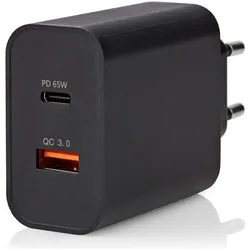 Nedis Netzladegerät 65 W Schnellladefunktion 2.0 2.25 A - Anzahl der Ausgänge: 2, USB-A, USB-C™, Aut (65 W, 2 Ports), USB Ladegerät, Schwarz