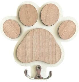 DynamicDeals Paw Print Wooden Dog Leash Holder Wall Hook For Collars & Coats white