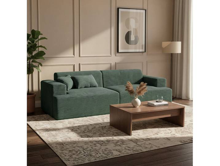 skølm Sofa Freki aus Cord, Vollschaumcouch mit Federkern und Vakuum-Kompression, Dunkelgrün, Couch 2 Sitzer mit 2 Kissen, kein Aufbau erforderlich, 230 cm breit, gepolstert, vakuumiert