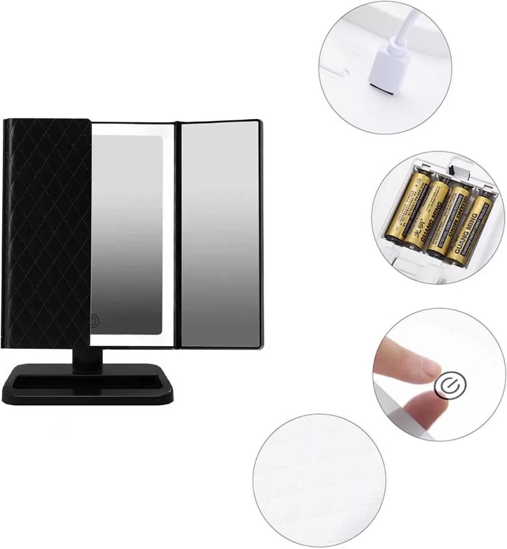 INF LED Schminkspiegel - Ledermuster, USB/Batteriebetrieben, Dreifach-Kosmetikspiegel Schwarz