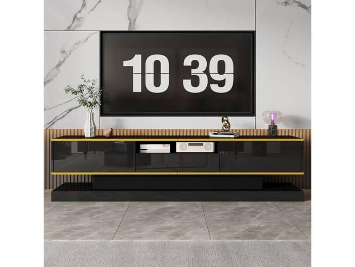 Meuble TV Moderne 3 Tiroirs Compartiment Ouvert-Haute Brillance LED Couleurs Changeantes-180x38x45cm-noir