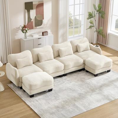 Loedds 4-Seat Chenille U-Shaped Modular Sectional Sofa with 2 Ottomans & Lumbar Pillows