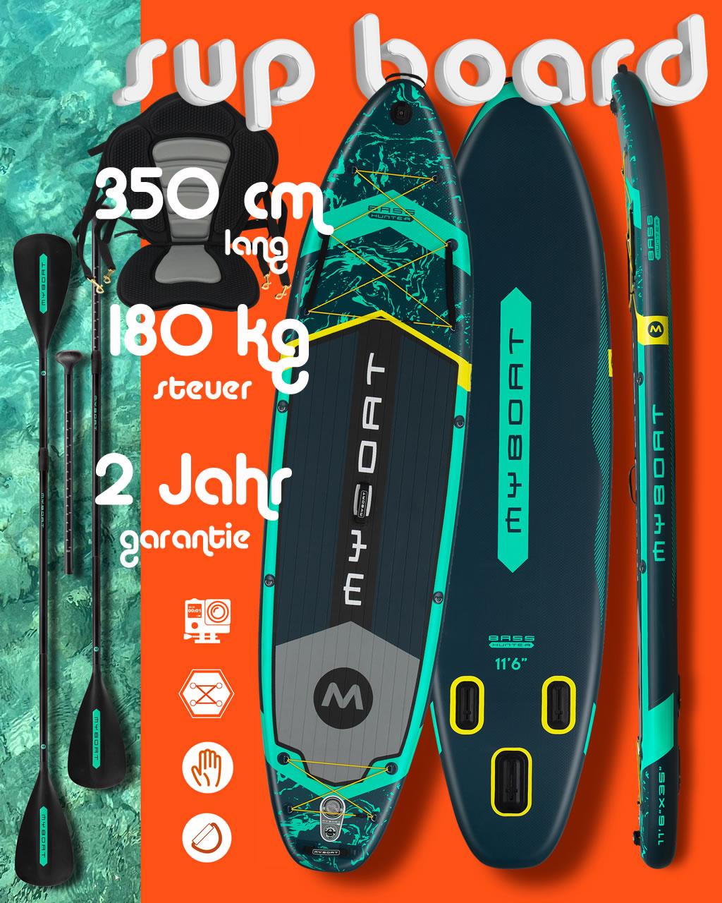 Komplettset Kajak Touring SUP Board Set mit 7 cm hohem stabilem Sitz, zweite 4-teiligem Paddel, MyBoat Bass Hunter 2 Personen Paddling Kayak Kanu Boot