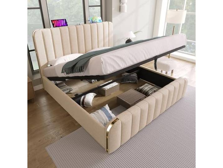 Merax Polsterbett 140x200cm, Doppelbett Hydraulisch Stauraumbett, Funktionsbett mit USB Ladefunktion, Gepolstertes Kopfteil, Lattenrost aus Holz, Metallrahmen, Leinen, Jugendbett, ohne Matratze, Beige