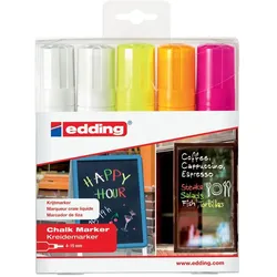 Edding, Marker, krijtmarker e-4090 schuine punt etui van 5 stuks: 2 x wit, 1 x geel, 1 x oranje en 1 x roze 18 stuks (5x)