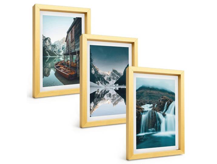 BILDER SET 3er Set - 20x30 cm Goldrahmen - Berglandschaften Wasserfall See
