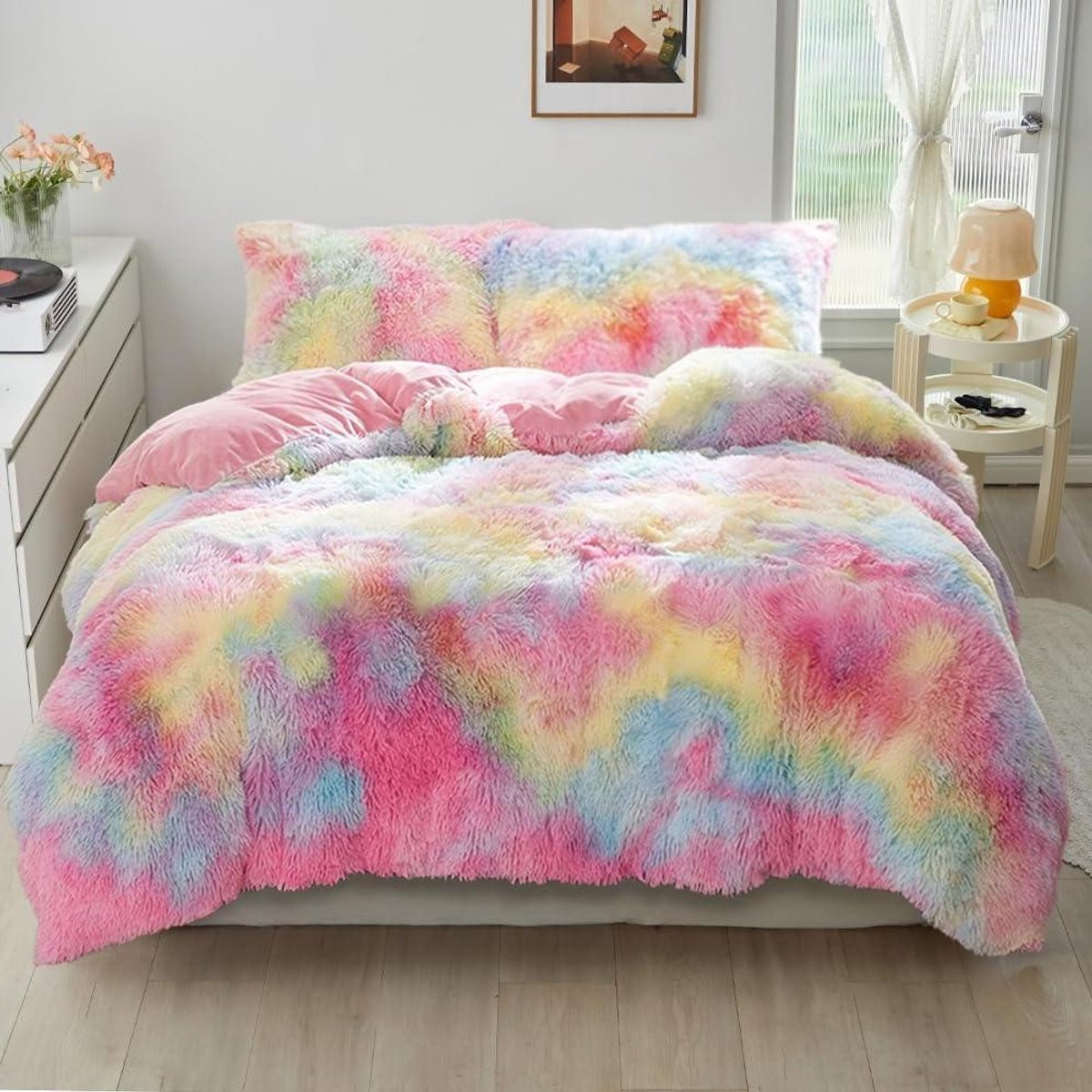 Pluche Dekbedovertrek Set Regenboog - Zacht Dubbelzijdig Beddengoed - 200 x 220 cm