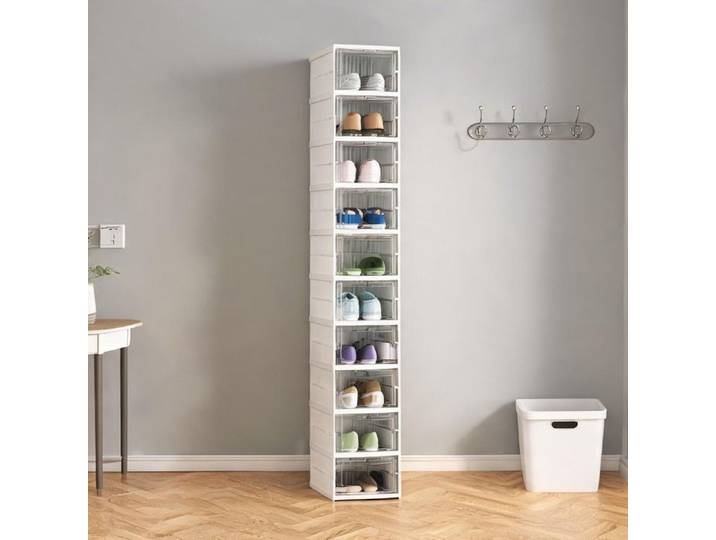 Meuble à chaussures pliable 8 étages blanc en plastique porte transparente