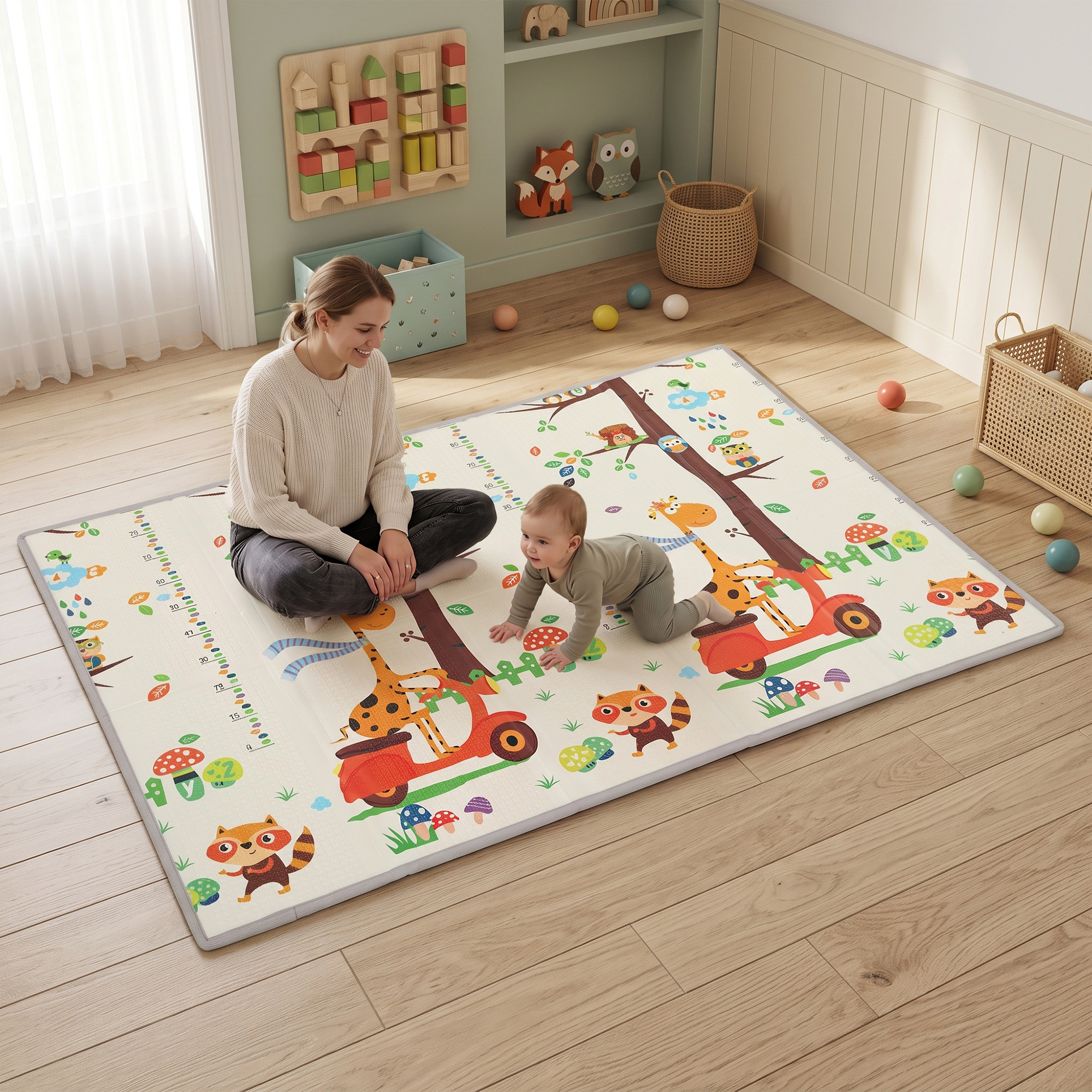 Aiyaplay Tappeto Gioco Bambini 200x150x1.5 cm a Tema Foresta Pieghevole Reversibile in XPE, 0-3 Anni, Multicolore   Aosom Italy