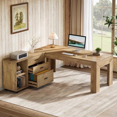 1Easylife "63"" L Shaped Executive Office Desk with Mobile Lateral File Cabinet"