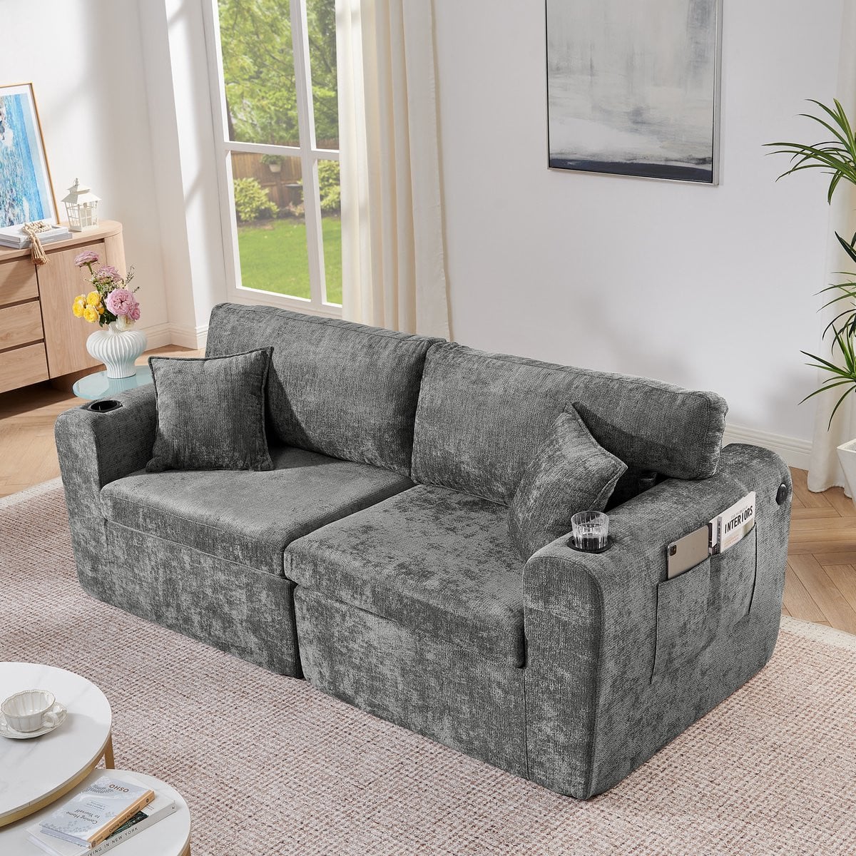 HAUSS SPOLE Bankstel - 2-Zits Relaxbank met Bekerhouder, USB-oplaadpunt en Kussens - Chenille Grijs