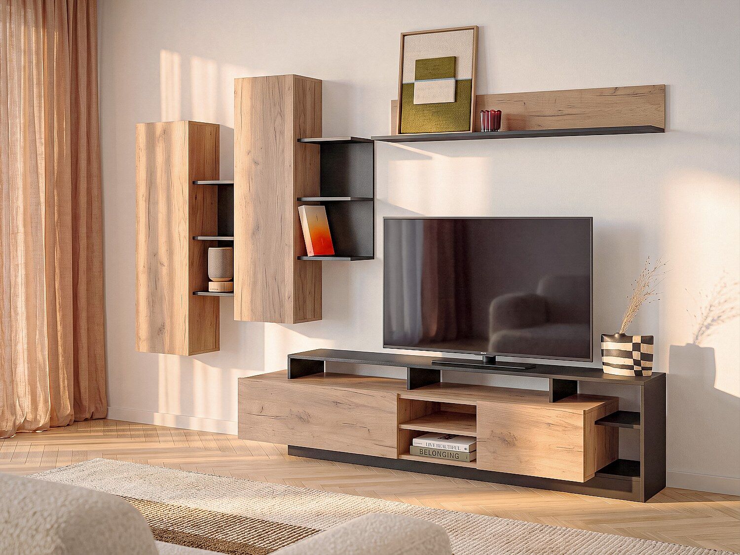 Unique Mueble TV con compartimentos - Color: natural y antracita - IDESIA