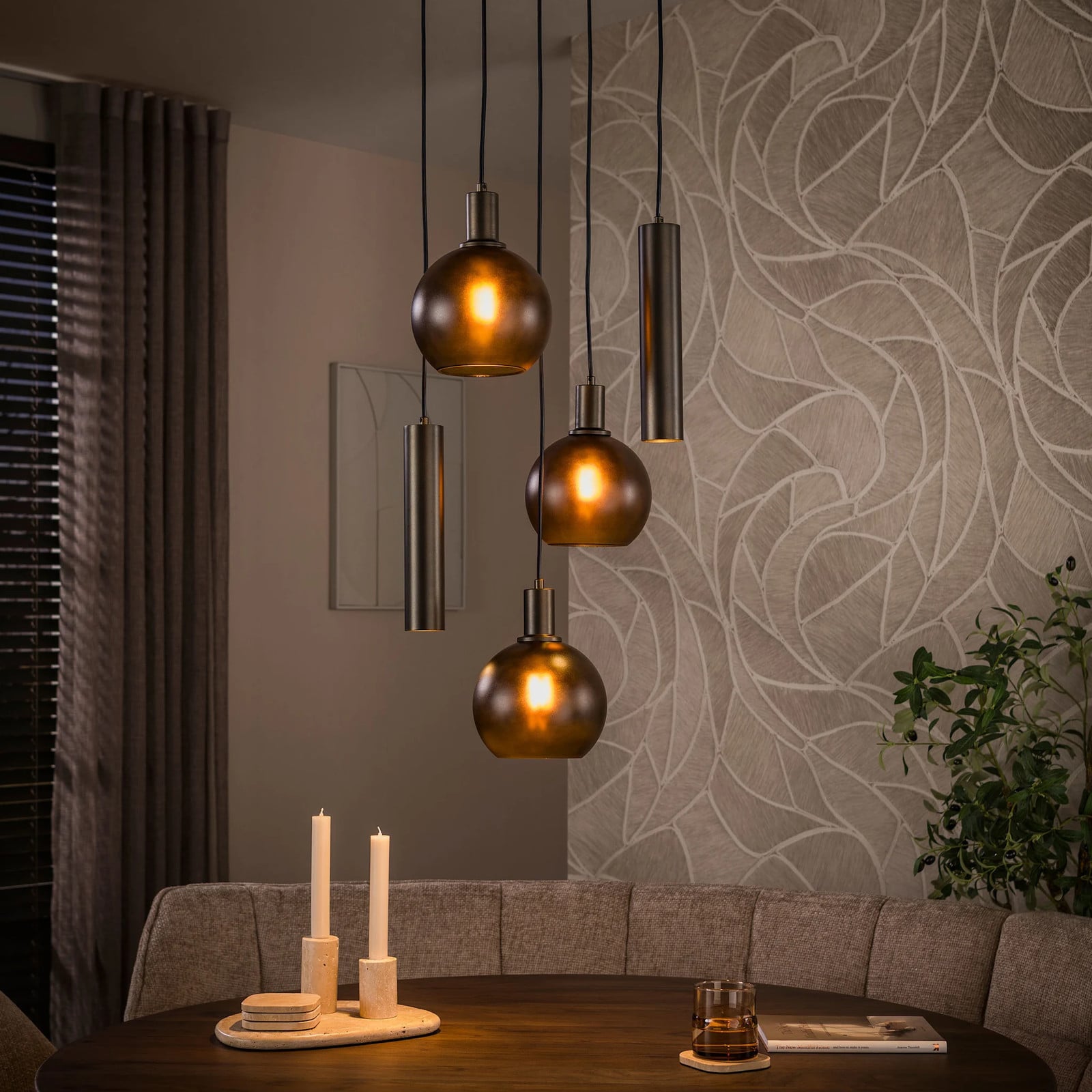 WoonStijl Hanglamp Sfera Tricolore 5-lichts Sienna bruin en brons
