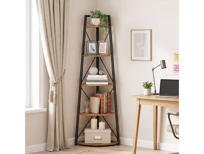 HOOBRO Étagère d'angle Bibliothèque 5 Niveaux Étagère Échelle Meuble de Rangement Porte-Plante pour Salon Marron Rustique