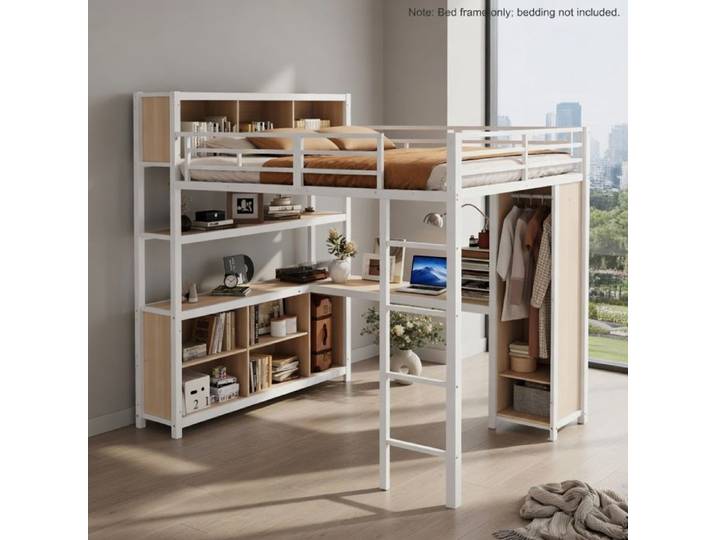 CollaHausse Lit Mezzanine 140x200 cm Blanc et Bois avec Penderie Bureau et Rangement