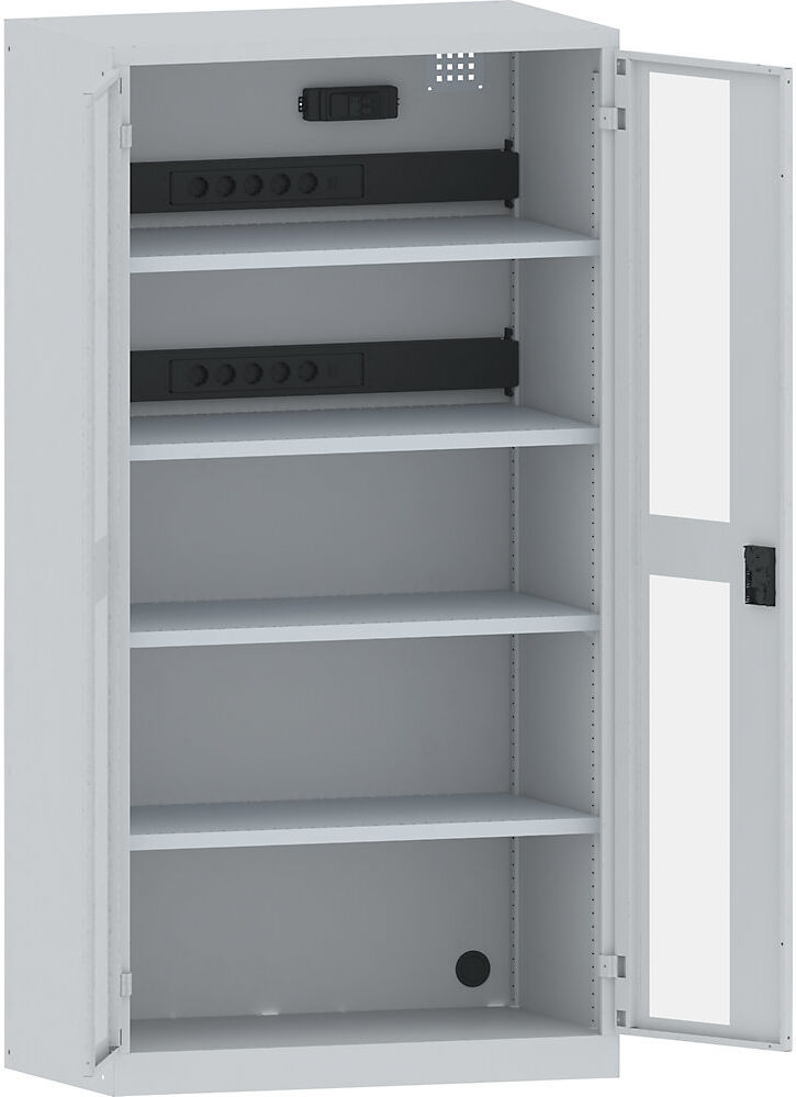 Akku-Ladeschrank, 4 Fachböden, Sichtfenstertüren, 2 Energieleisten rückseitig mit FI/LS-Schalter, grau LISTA