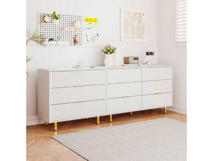 MEULVA Commode modulaire à 9 tiroirs 200 x 40 x 72 cm blanche avec détails dorés en MDF