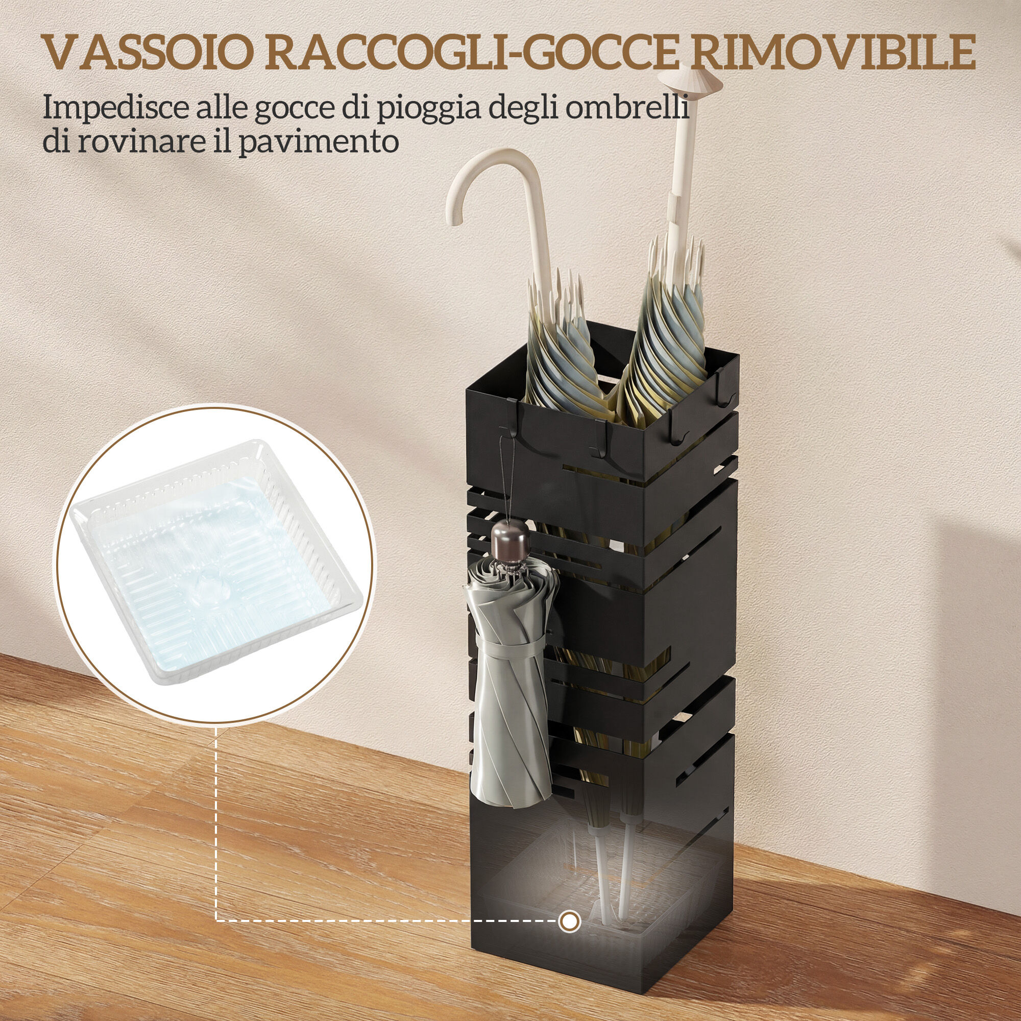 Altro Portaombrelli Quadrato In Metallo Con Vassoio Antigoccia Rimovibile E 4 Ganci, 15.5x15.5x49 Cm, Nero