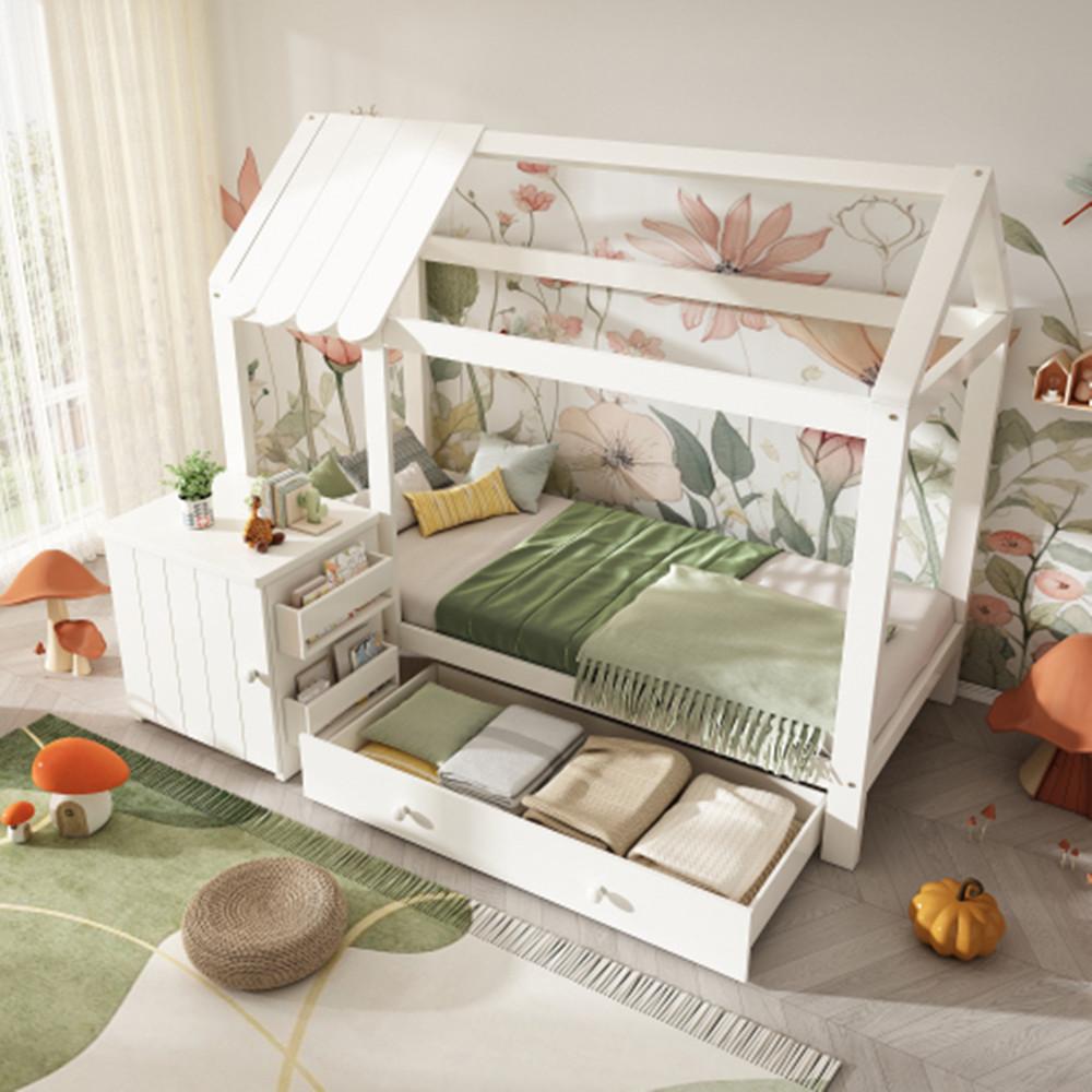Hausbett, Kinderbett aus Massivholz mit Schubladen & abnehmbarem Nachttisch,ohne Matratze 90x200 cm