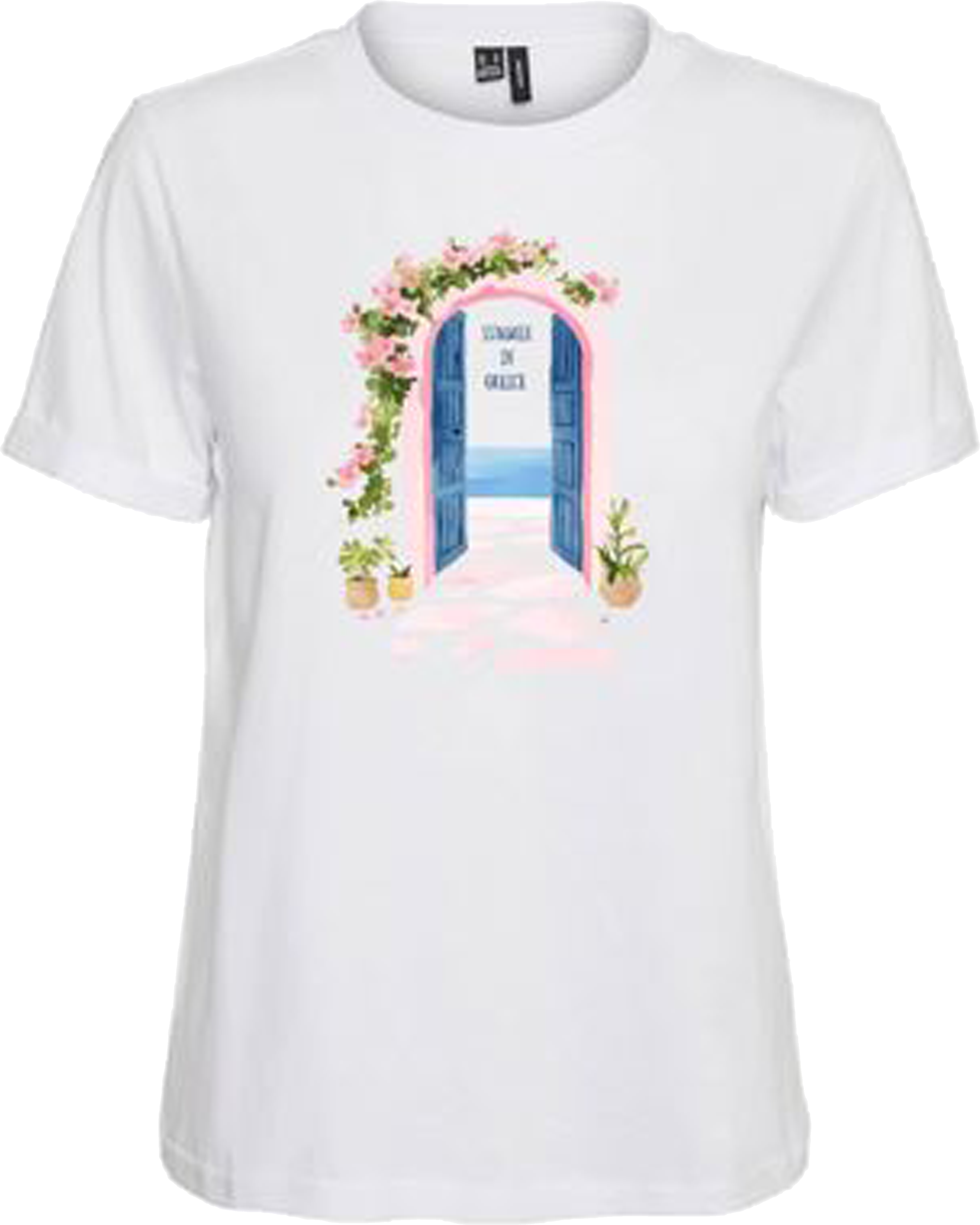 Kurzarmshirt VERO MODA "VMSIANE SS TOP BOX JRS", Damen, Gr. L, weiss (snow weiß print:summer in greece), Jersey, Obermaterial: 100% Baumwolle, bedruckt, regular fit normal, Rundhals, Shirts Kurzarmshirt, Baumwolle, regular fit snow weiß print:summer in gr
