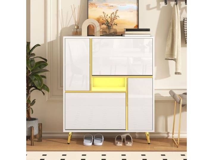 Meuble à chaussures LED bois 80x25x96cm Armoire à chaussures moderne avec Éclairage LED 4 Portes pour entrée salon - blanc