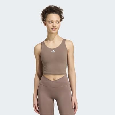 Tanktop ADIDAS PERFORMANCE "3-STREIFEN STUDIO ALL ME, LEICHT STÜTZEND", Damen, Gr. L, braun (earth strata), Obermaterial: 79% Polyester, 21% Elasthan (LYCRA), normal, Rundhals, Tops Tanktop