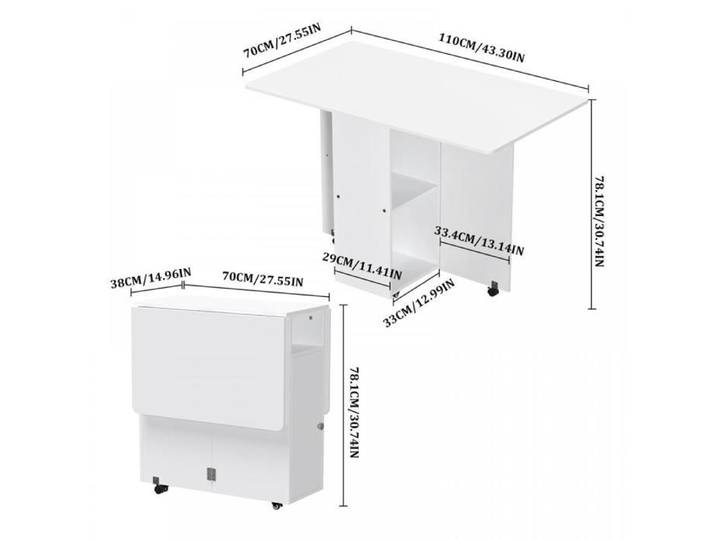 TABLE À MANGER PLIANTE POUR 2 À 6 PERSONNES - HOMEWELL - TABLE MOBILE AVEC COUCHE DE RANGEMENT - 110*70*78 CM - BLANC
