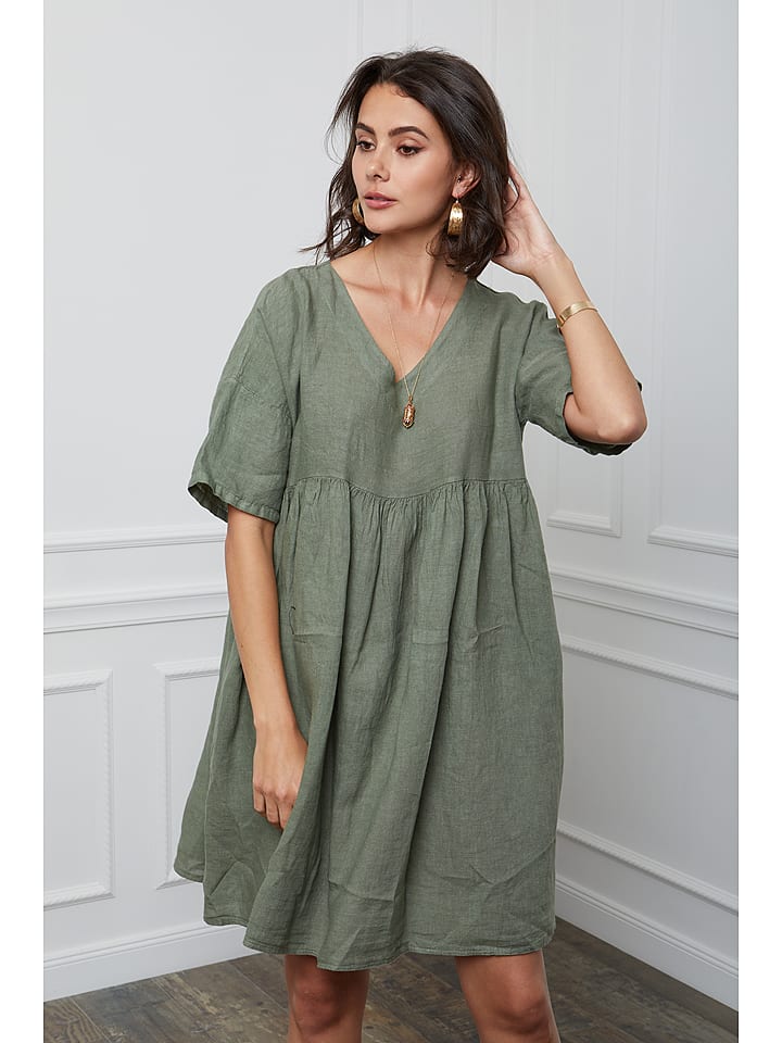 Fleur de Lin Leinen-Kleid "Etsy" in Khaki - XL