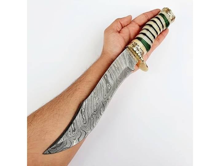 CRAFTOMATIK Damast Stahl Messer Original Robuste Damaststahlklinge Griff aus Kamelknochen, Walnussholz, vergoldetem Stahl und Messing Handmade Outdoor Sammlermesser DHK90