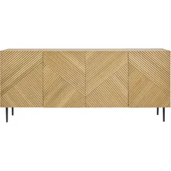 Design-Sideboard aus hellem, massiver Eiche mit Gravur und schwarzem Metall, 4 Türen, B180 cm ARCHIPEL