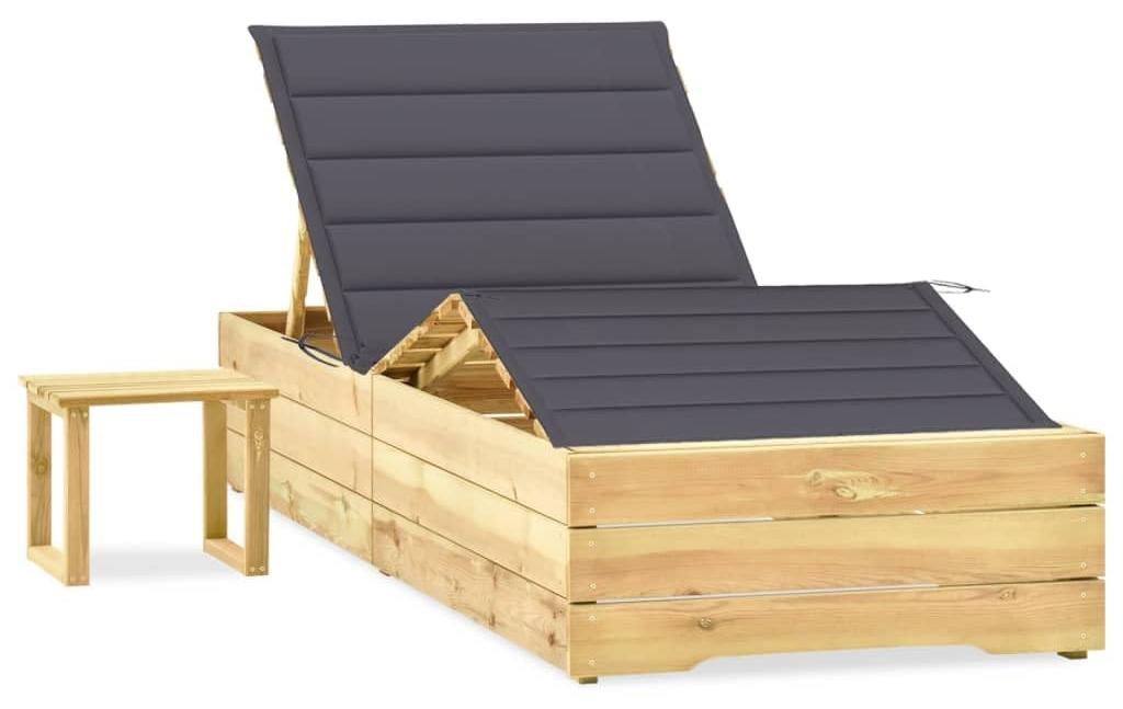 Gartenbank, verstellbar - Imprägnierte Kiefernholz, Anthrazitfarben - Mit Kissen und Beistelltisch