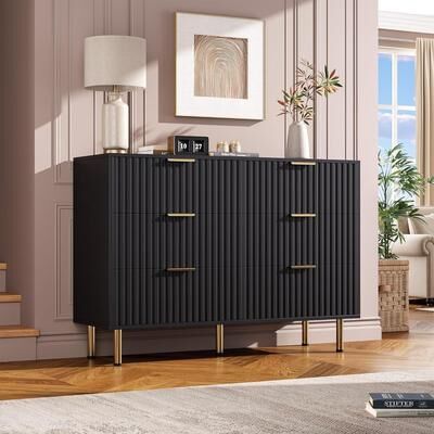 "Garvee 46"" Black 6-Drawer Fluted Dresser Metal Handles"