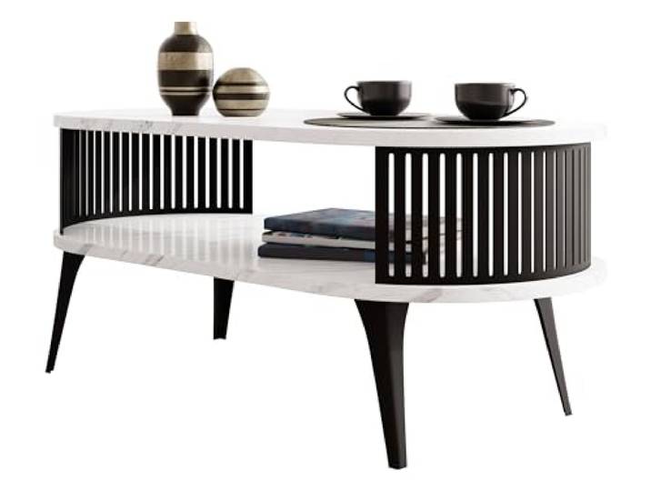 Mirjan24 Couchtisch Rajkon, ovale Form (Bianco Marmor, Schwarz) Moderner Wohnzimmertisch mit praktischer Ablage, pulverbeschichtetem Stahlgestell und pflegeleichter Oberfläche