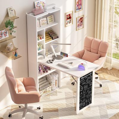 Rackcog Foldable Desk with Chalkboard, Power Outlet & Adjustable Bookshelves, Space-Saving Workstation for Home Office