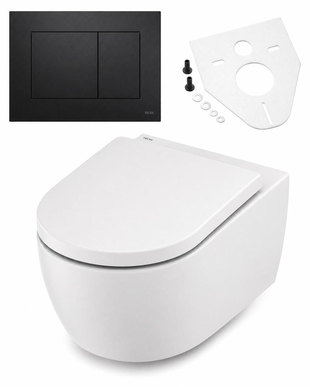 BADfabrik24 TECEloft Set, WC-Keramik mit cyclon flush und WC-Sitz im klassisch-hohen Design+TECEnow WC-Betätigungsplatte schwarz matt+Montageset für Wand-WC/Bidet