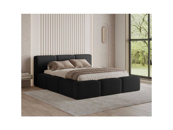 Chilly. Design Lit Como 180 x 200 - Lit Coffre Rembourré - 2 Personnes - Revêtement Élégant Tissu Bouclé Noir