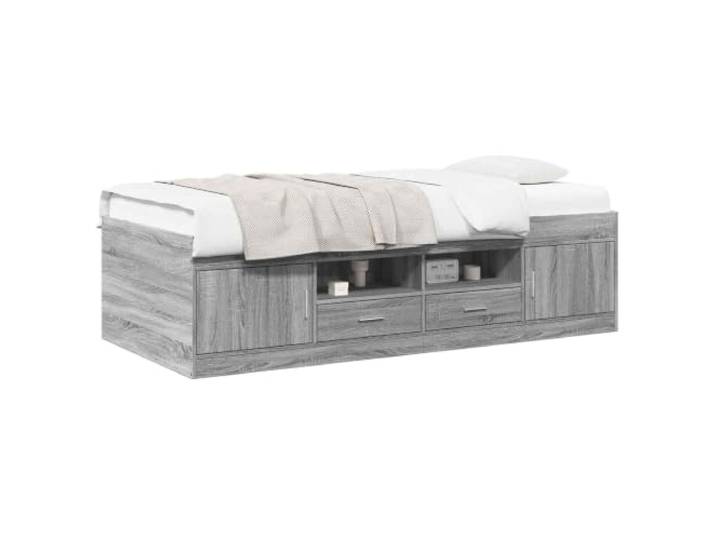 PUGYNBK Bettgestell mit Aufbewahrung, Grau, 80 x 200 cm Gearbeitetes Holz, Schubladen und Regale, feste Leisten, moderner Stil