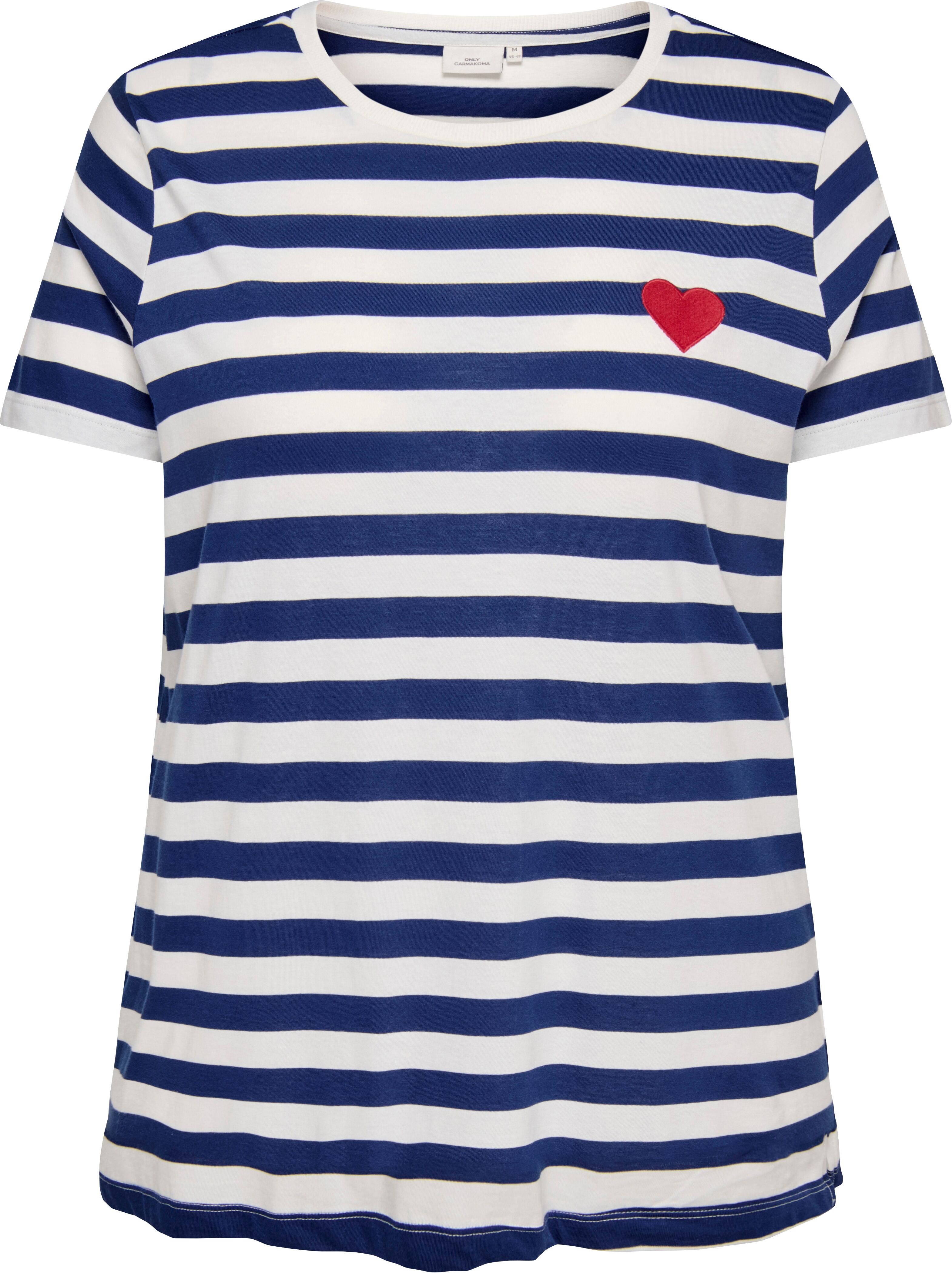 Rundhalsshirt ONLY CARMAKOMA "CARANITA LIFE S/S O-NECK REG TOP JRS", Damen, Gr. L, blau (navy peony stripes:cdunkel detail emb. heart poinsettia), Jersey, Obermaterial: 100% Baumwolle, gestreift, regular fit normal, Rundhals, Shirts Rundhalsshirt navy peo