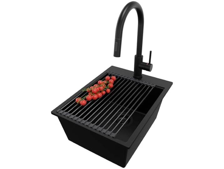 PRIMAGRAN Granitspüle ab 40er Unterschrank + Küchenarmatur, 38x50cm Set: Küchenarmatur BW9010 + Ablauf-Set + Abtropfmatte + Spülbecken 1 Becken - Oslo Top, Alles Schwarz